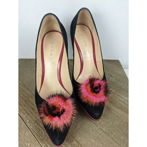 Casadei heels black pink suede ultra high sexy platform fur pompom sz 7 - Picture 9 of 12